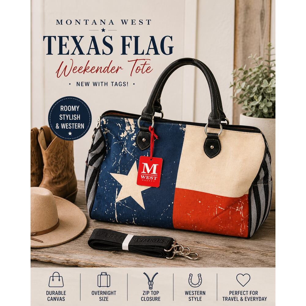 Montana West Texas Flag Canvas Weekender Travel Tote Bag NWT